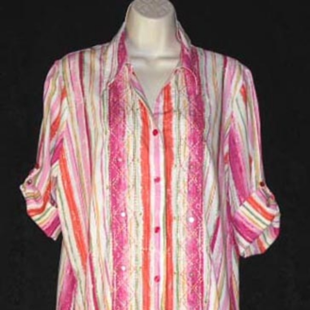 NAPA VALLEY shirt sz L top Stripes Roll Tab Sleeve